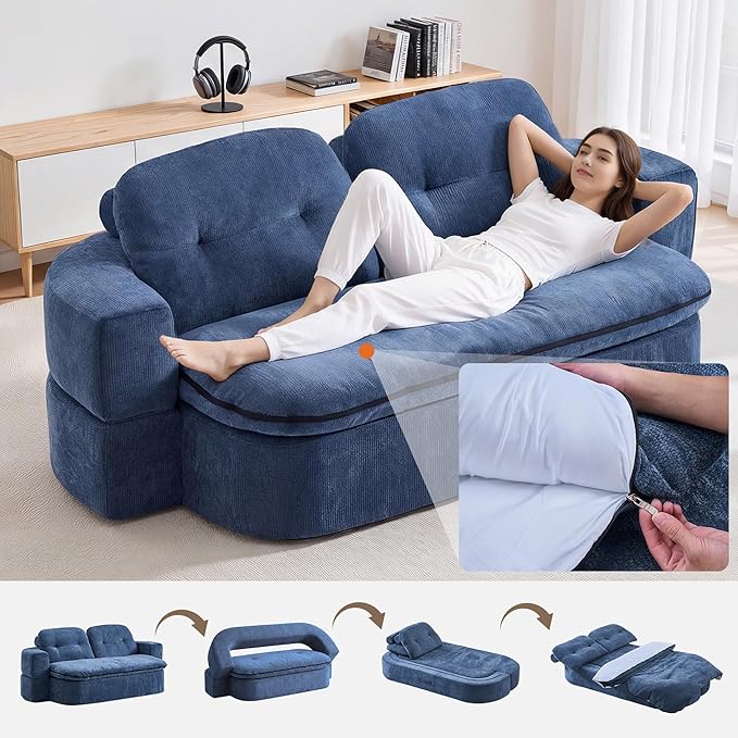 Kuahisoofa 78 Memory Foam Convertible Sofa Bed with Built-in Quilt Foldable Floor Couch Sleeper for Guests Room &amp Living Room Boneless Futon Cloud Sofa for Small Spaces Blue