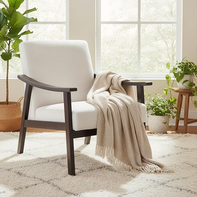 Mid Century Modern Accent Chair with Solid Wood Legs Comfy Leisure Reading Chairs for Living Room Lounge Seat Arm Chair for Office Bedroom (Antique White)