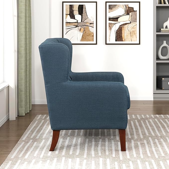 Lexicon Living Room Accent Chair Button Tufted Wingback Track Arm Reversible Seat Cushion Solid Wood Legs Textured Fabric Comfy Armchair for Bedroom/Office Easy Assembly Blue