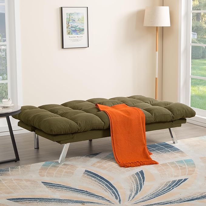67” Convertible Futon Couch Bed Adjustable Pillow Top Arm Memory Foam Cloud Futons Loveseat Modern Light Gray Corduroy Mini Small Sofa Couches for Living Room