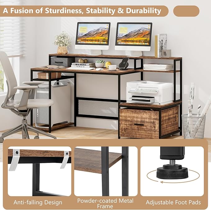 Tangkula 67 Computer Desk with Monitor Stand &amp File Drawer Large Home Office Desk with Power Outlets &amp USB Ports Long Workstation with Storage Shelves Study Writing Desk Gaming Desk Rusti