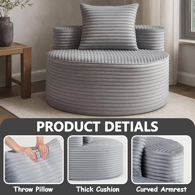 45 Oversized Round Chair Boneless Reading Chair with Comfy Pillow for Living Room Circle Cloud Chair for AdultsCorduroy Memory Foam Large Seat No Assembly Required (Grey)