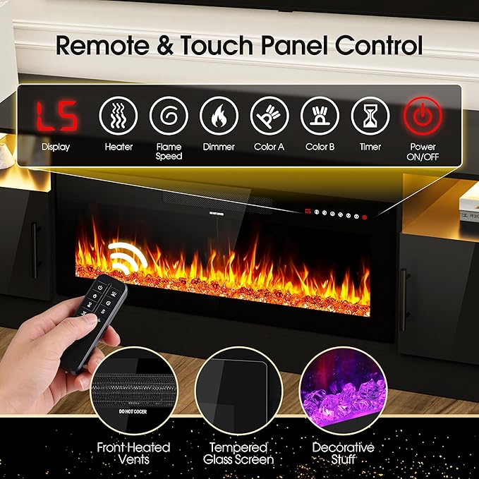 AHB Fireplace TV Stand LED Light Entertainment Center with 36 Electric Fireplace Storage Cabinet and Door Handles Media Console Table for TVs Up to 80 Inches for Living Room 70 Inches (Black)