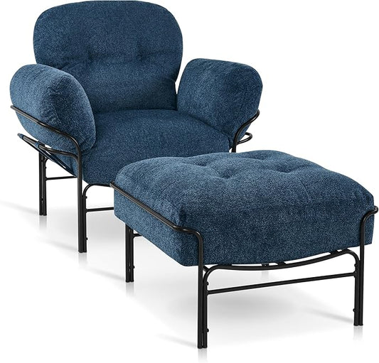 MCombo Modern Accent Chair with Ottoman Chenille Upholstered Leisure Sofa Chair for Small Space Living Room &amp Bedroom 4071 (Blue)