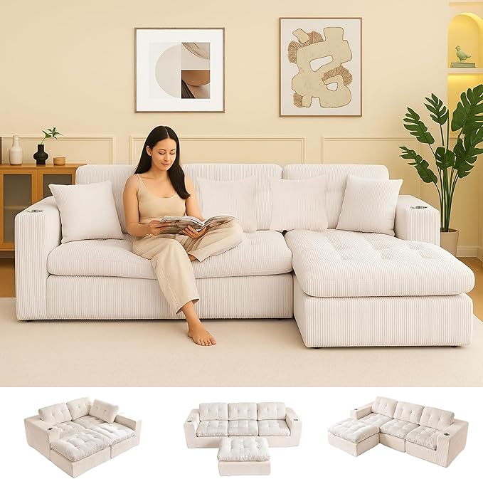 105 L Shaped Modular Sectional Sofa with OttomanCloud Boneless Couches for Living RoomCorduroy Comfy Couch with Chaise and Cup HolderUpholstered Sofa in A Box No AssemblyBeige