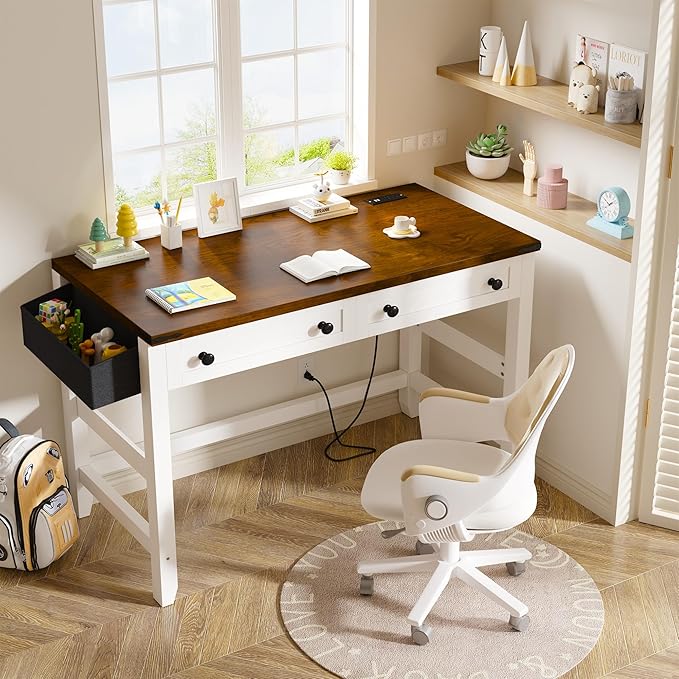 EnHomee 40 Computer Desk with Drawers Small Desk with Power Outlets for Bedroom and Home Office Writing Desk with Drawers and a Side Pocket Vanity Desks for Bedroom Brown+White