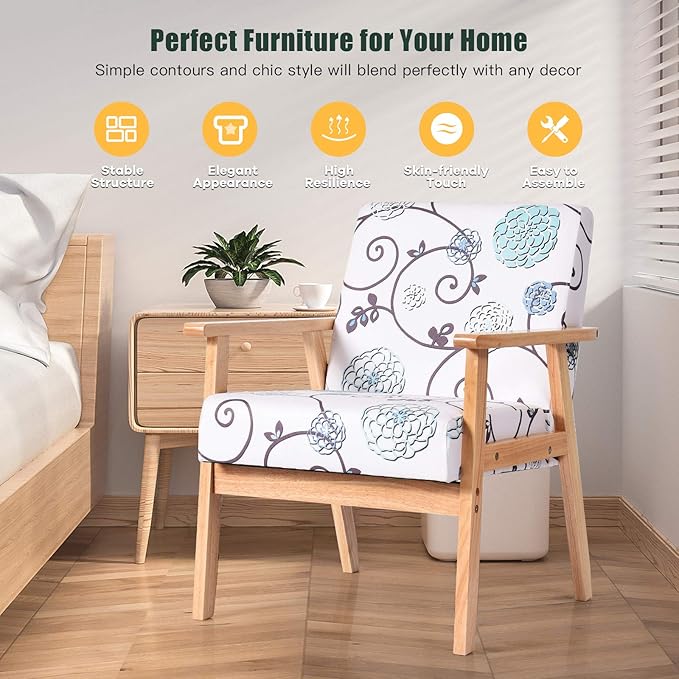 Giantex Mid Century Accent Arm Chair Comfortable Modern Fabric Armchair w/Rubber Wood Pretty Pattern Soft Sponge Decorative Retro Accent Chair for Living Room