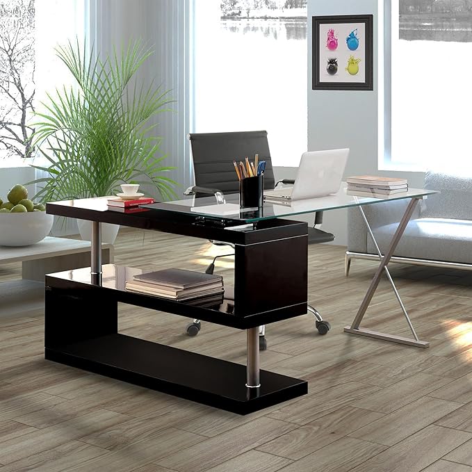 Furniture of America Lilliana S-Shaped Glass-Top Office Desk Black