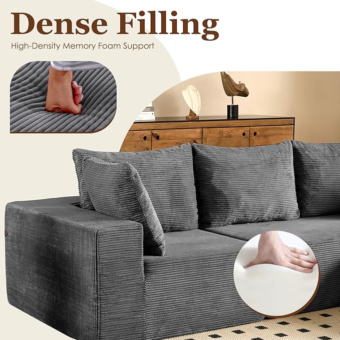 INGEROOM 108 Modular Cloud Sectional Couch with Deep Seat Boneless Sofa with Movable Ottoman Plush Corduroy Memory Foam Couch for Living Room No Assembly Dark Gray