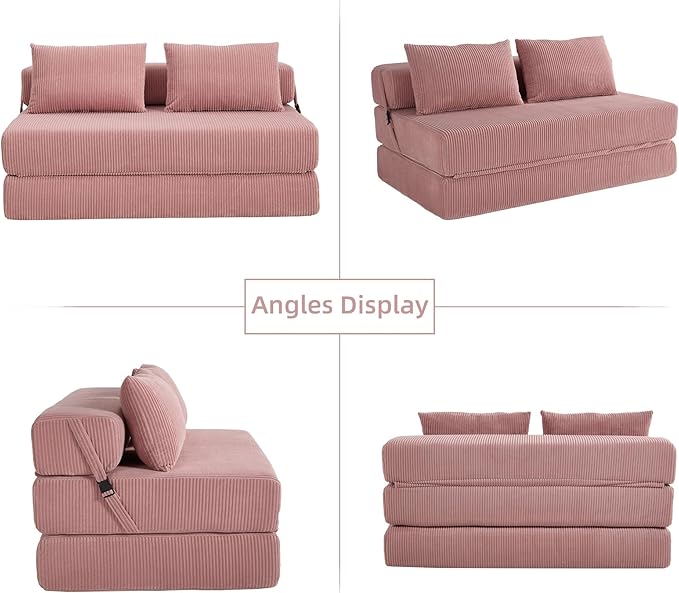 GNIXUU Fold Out Couch 3-in-1 Convertible Futon Sofa Bed with 2 Pillows Corduroy Foldable Floor Chair Boneless Loveseat Couches for Living Room Bedroom Small Spaces Pink