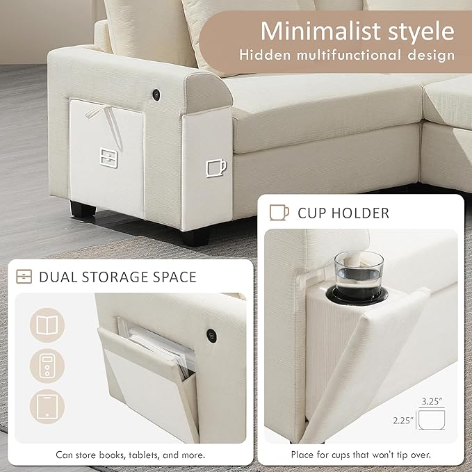 128*67 U Shaped Sectional Sofa 6 Seat Chenille Couch Set with Oversized Ottoman Hidden Armrest Storage and Cup Holders USB Charging Ports Wide Seat Sofa for Living Room Apartment Off White