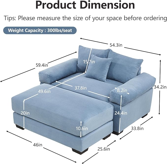 ERYE Modern Corduroy Upholstered Accent Chair and Ottoman Set Oversized Wider Seat Armchair Leisure Comfy Lounge Chaise with Removable CushionArmrests and 3 Pillows