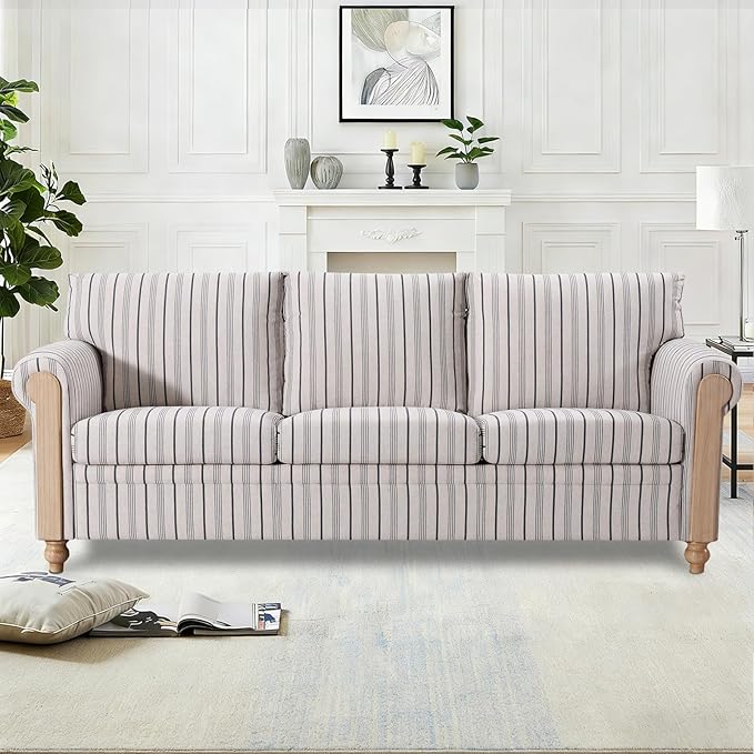 3 Seater CouchFarmhouse Sofa with Solid Wood Frame and Rolled ArmrestsDeep Seat Couch with Plush Cushions in Durable Stripe Fabric for Living RoomBedroom and Office.(3 Seater Couch)