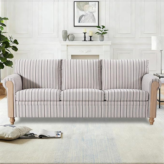 3 Seater CouchFarmhouse Sofa with Solid Wood Frame and Rolled ArmrestsDeep Seat Couch with Plush Cushions in Durable Stripe Fabric for Living RoomBedroom and Office.(3 Seater Couch)