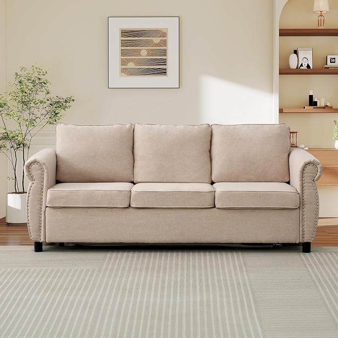 Queen Pull Out Sofa Bed 2-In-1 Pull Out Couch Bed with Memory Foam Mattress &amp Riveted Rolled Armrests 3 Seater Convertible Sleeper Sofa Foldable Couch for Living Room Bedroom Apartment(Beige)