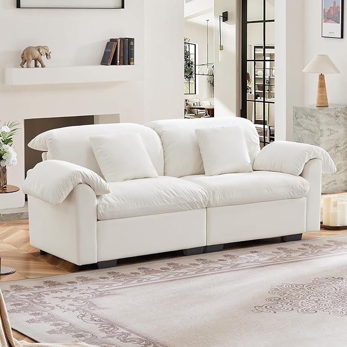 84 Small Loveseat Sofa Couch Upholstered 2-Seat Sofa with 2 Pillows Cloud Sofas with Storage Seat Velvet Comfortable Deep Couch for Living Room Small Space Apartment Removable Cover White