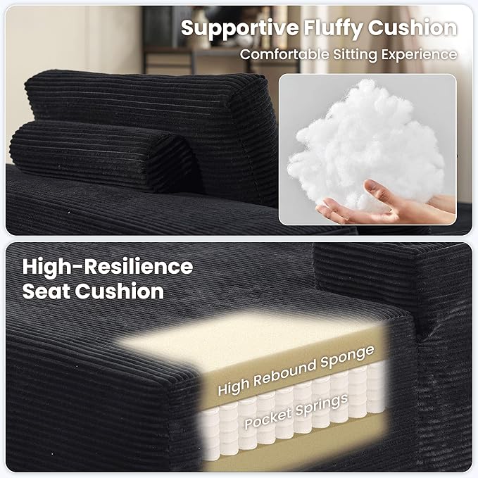 ovios 67'' Chaise Lounge Chair Indoor Oversized Upholstered Sofa Bed Sleeper Couch Reading Chairs Fluffy Plush Corduroy Cloud Sofas Couches for Living Room Black