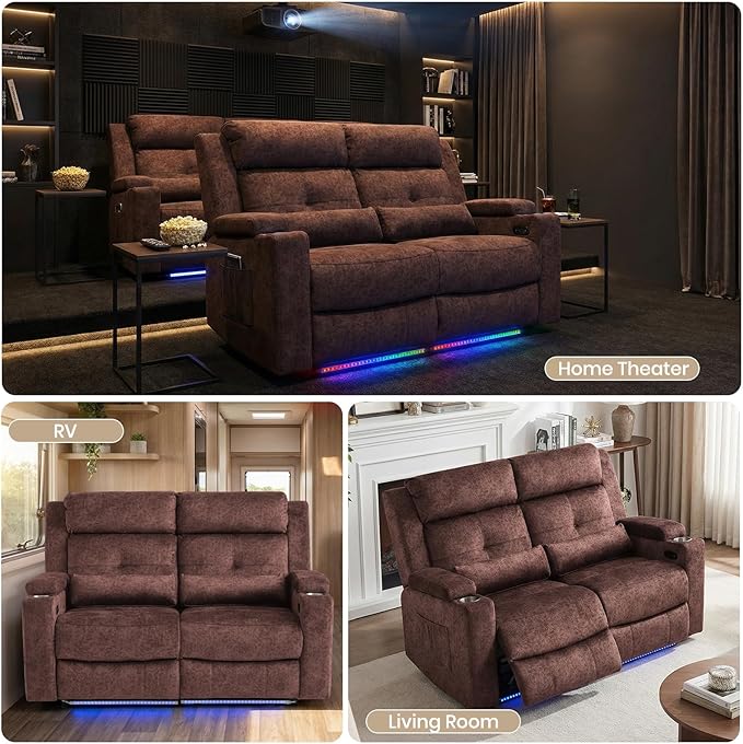 Power Reclining Loveseat Sofa Velvet Loveseat Recliner Sofa Couch with LED Light//Hidden StorageRV Wall Hugger Double Recliner for Living Room (Brown No Console) | LED Light Hidden Storage