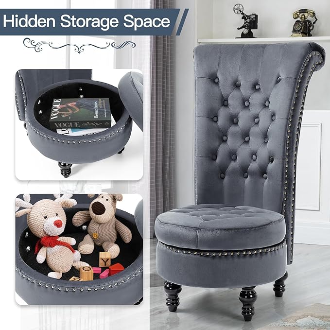 AVAWING High Back Throne Chair Velvet Royal Accent Chair Button-Tufted Armless Gothic Chair w/Storage Nailhead Trim Design &amp Rubber Wood Legs for Living Room &amp Bedroom Grey