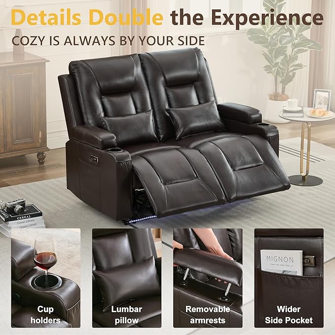 URRED Power Loveseat Recliner Sofa Wall Hugger Reclining Loveseat RV Couch with LED Light USB Ports Cup Holders and Side Pockets for Home Theater Faux Leather - Dark Brown