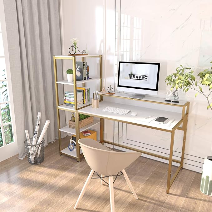 Teraves Computer Desk with 5 Tier ShelvesReversible Writing Desk with Storage 33 Inch Study Table for Home Office Independent Bookcase and Desk for Multiple Scenes