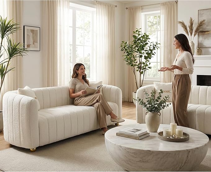 Luxury Teddy Plush Sofa for Living Room 84 Mid-Century Modern Couch 3 Seater Sofa with Gold Legs &amp 2 Pillows Sectional 3 Seater Couch Upholstered Sofa for Living Room Home Office Apartment
