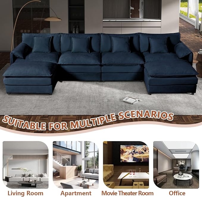144 Modular Sectional SofaU-Shaped Chenille Sofa Couch with Movable OttomanModern 6 Seat Cloud Sectional Couches for Living Room Office Home (Blue 144 U-6 Seater)