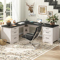 Vabches Wood L Shaped Executive Desk with 6 Drawers Farmhouse Home Office Desk with Power Outlets and Triangle Under-Desk Storage Shelf &amp Drawer File Cabinet Corner Computer Desk Black