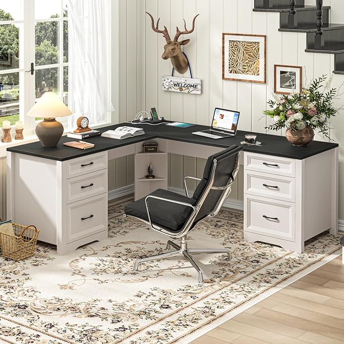 Vabches Wood L Shaped Executive Desk with 6 Drawers Farmhouse Home Office Desk with Power Outlets and Triangle Under-Desk Storage Shelf &amp Drawer File Cabinet Corner Computer Desk Black