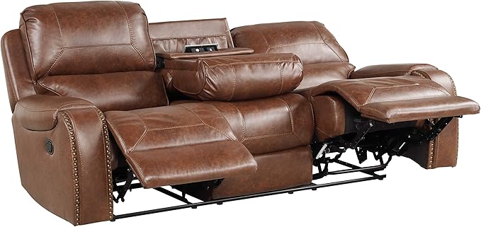 Roundhill Furniture Achern Leather Air Nail head Manual Reclining Sofa with Storage Console Brown