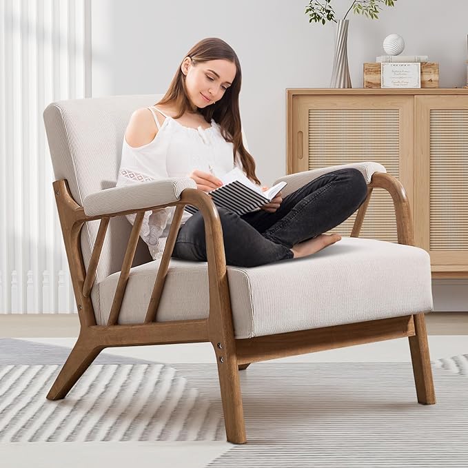Bonzy Home Mid Century Modern Accent Chair Upholstered Arm Chair Solid Wood Comfy Reading Chairs with Lumbar Pillow for Living Room Bedroom Reading Room Beige 2PCS