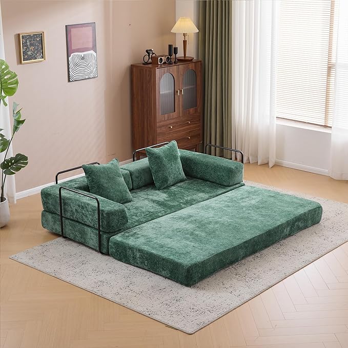 Folding Sofa Bed Convertible Sleeper Sofa Chenille Floor Couch with Pillows Fold Out Couch King Size Bed Futon Foldable Memory Foam Mattress for Living Room Bedroom Playroom (Green)