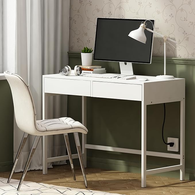 Treocho Computer Desk with USB Charging Ports and Power Outlets Modern Simple 40 inch White Desk with 2 Drawers Vanity Desk Makeup Table for Home Office Bedroom