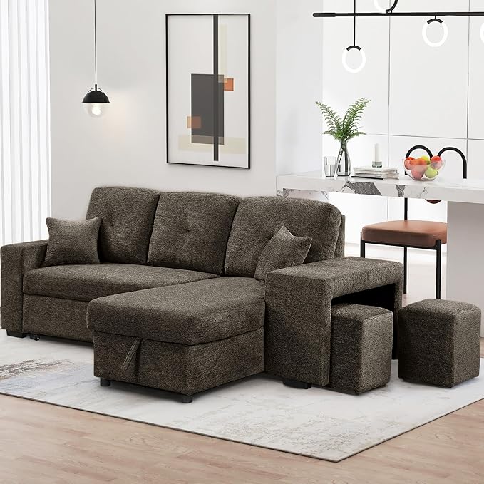 Flieks Reversible Sleeper Sectional Sofa Bed with Side Shelf and 2 StoolsPull-Out L-Shaped Sofa BedCorner Sofa-Bed with Storage Chaise Left/Right Hande for Living RoomKnox Charcoal