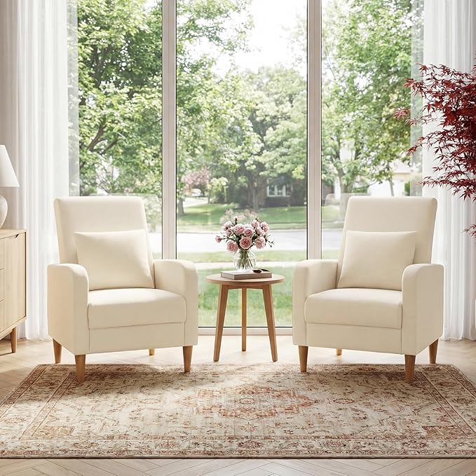 COLAMY Mid-Century Modern Upholstered Accent Chair with Back Pillow &amp Solid Wood Legs Fabric Cozy Armchair for Living Room Bedroom Reading Nook Apartment &amp Small Spaces Beige