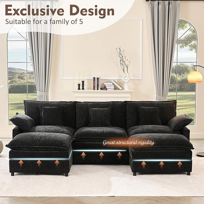 108 U Shaped Couch Modular Sectional Sofa 3-Seater Comfy Cloud Couch Set of Modular Pieces with Movable Ottoman Deep Seat Couches for Living Room Chenille Black
