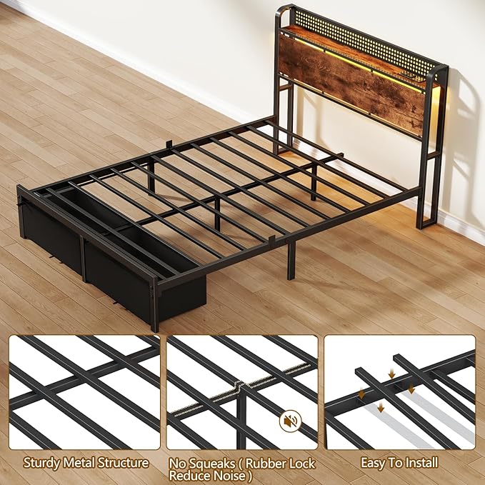 Furnulem Full Size Bed Frame with Headboard Storage Platform Bed Frame Full Size with 2 Drawers Charging Station and LED Lights No Box Spring Needed Noise Free Easy Assembly (1000 lbs Capacity)