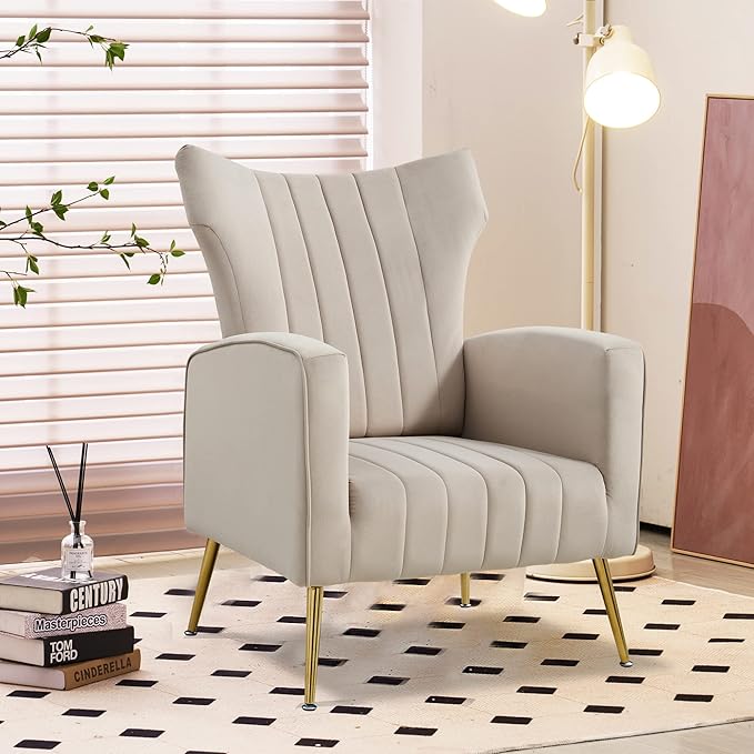 Generic Modern Velvet Accent Chair with Arms Wingback Reading Chair with Gold Metal Legs Comfy Upholstered Single Leisure Sofa for Living Room Bedroom ClubVelvetGrey