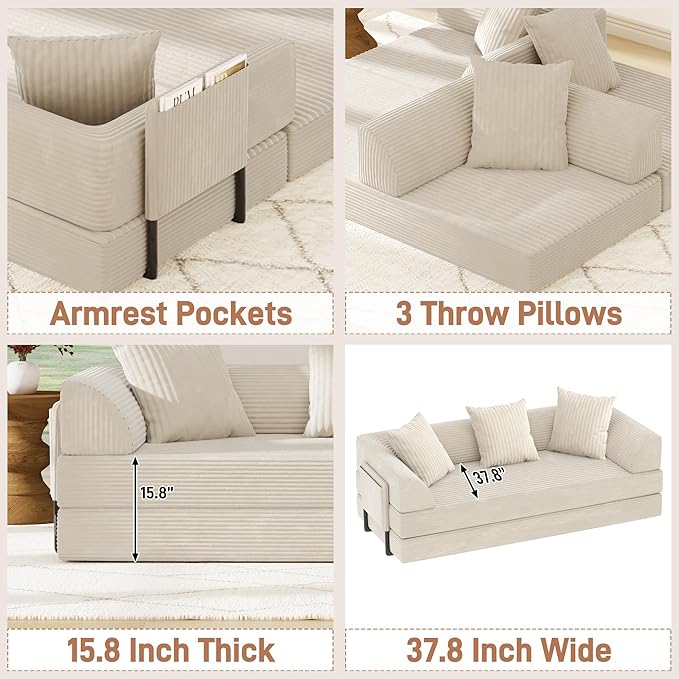 Folding Convertible Sofa Bed with 3 Pillows 79  Corduroy Boneless Couch with Armrest Pockets Lounge Loveseat Sleeper with Pull Out Bed Memory Foam Compressed Sofa for Living Room Bedroom Beige