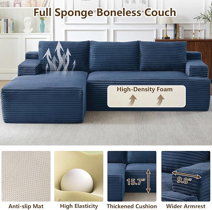 96.1 Modular Sectional Sofa Couches L-Shape Couch 3 Seat Modular Sofa Corduroy Memory Foam Sectional Boneless Couches for Living Room Cloud Couch with Oversized Chaise(Blue Left Facing)
