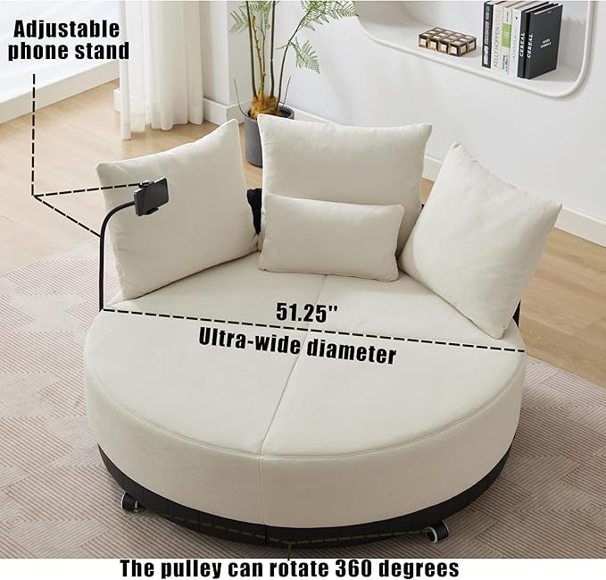 52.75'' Oversized Swivel Cuddle Chair 360° Swivel Round Sofa with Adjustable Phone Holder and 4 Pillows Beige Upholstered Round Loveseat with Rotating Pulley for Living Room Bedroom (Beige)