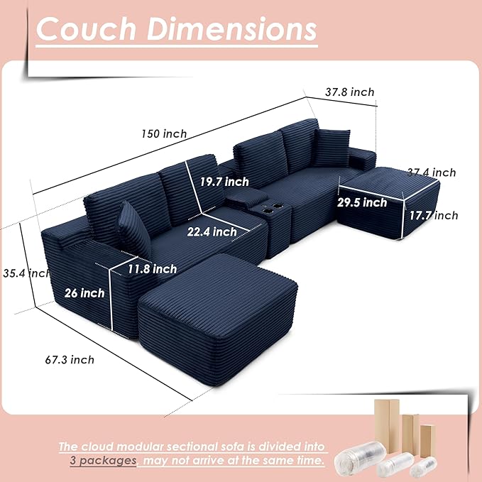150 Cloud Couch Sectional Modular Sofa with Cup Holder 2 Ottoman and USB Ports Corduroy U Shaped Boneless Sofas Couch in a Box No Assembly Required Blue Couches for Living Room