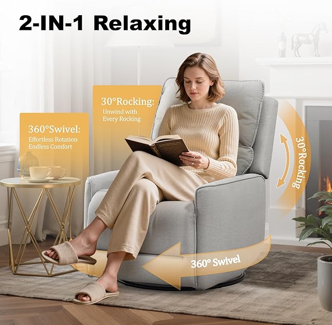 Recliner Chair 360 Swivel Rocker Recliner Chairs for Adults Small Recliners for Small Spaces Upholstered Nursery Chairs with Side Pockets Glider Rocking Chair for Living Room (LightGrey)