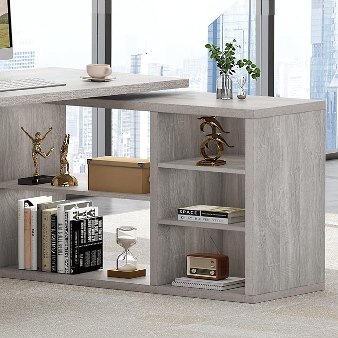 HSH Gray L Shaped Corner Desk with Storage Shelves Reversible L Shape Computer Desk with Storage Cabinet Adjustable Corner Home Office Desk for PC Executive Writing Study Work Light Grey 55 Inch