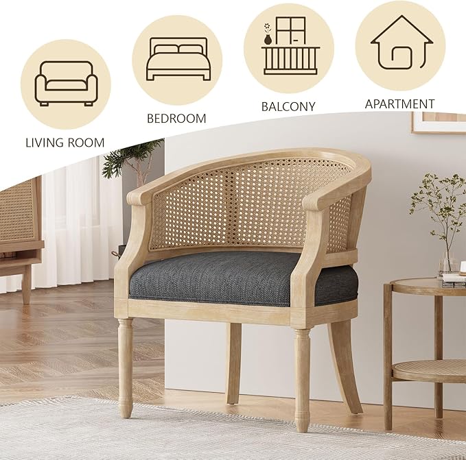 French Country Accent Chair for Living Room Mid Century Modern Reading Armchair with Cushion and Slender Turned Legs Single Sofa Chair with Rattan Backrest for Bedroom Club Charcoal