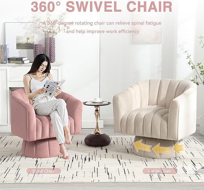 YSICK Swivel Accent Chair 360°Swivel Barrel Chair Modern Ottoman with Velvet Fabric Mid-Century Ottoman with Wide Upholstered Round Armchair for Living Room Lounge BedroomPink