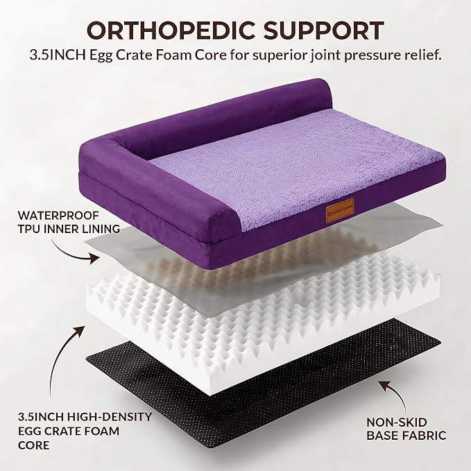 Patas Lague Orthopedic XL Dog Bed Large Sized Dog 42''X28'' Waterproof L Bolster Big Pet Sofa Beds with Removable Washable Cover Soft Comfortable Pet Couch Crate Mat with Nonskid Bottom Purple