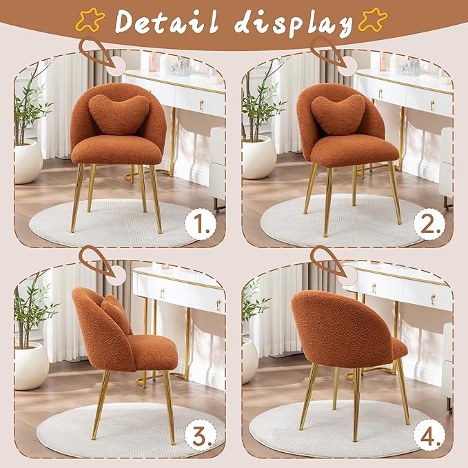 Vanity ChairAccent Makeup Comfy Cute Desk Girls Fluffy Chairs for Bedroom No Wheels Gold Metal Legs Stool (Teddy Brown)