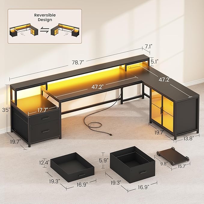 SEDETA L Shaped Gaming Desk 78.7” Large Computer Desk with Drawers and Power Outlet &amp LED Light Corner Gaming Desk with Storage Shelves Display Cabinet for Home Office Black