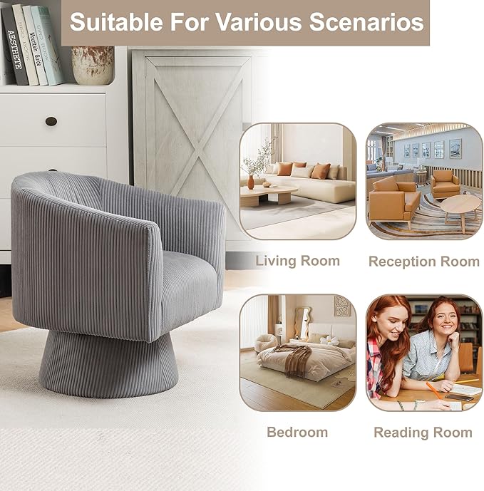 Swivel Accent Chair Modern 360° Barrel Chair Corduroy Upholstered Single Sofa for Living Room Bedroom(Gray)
